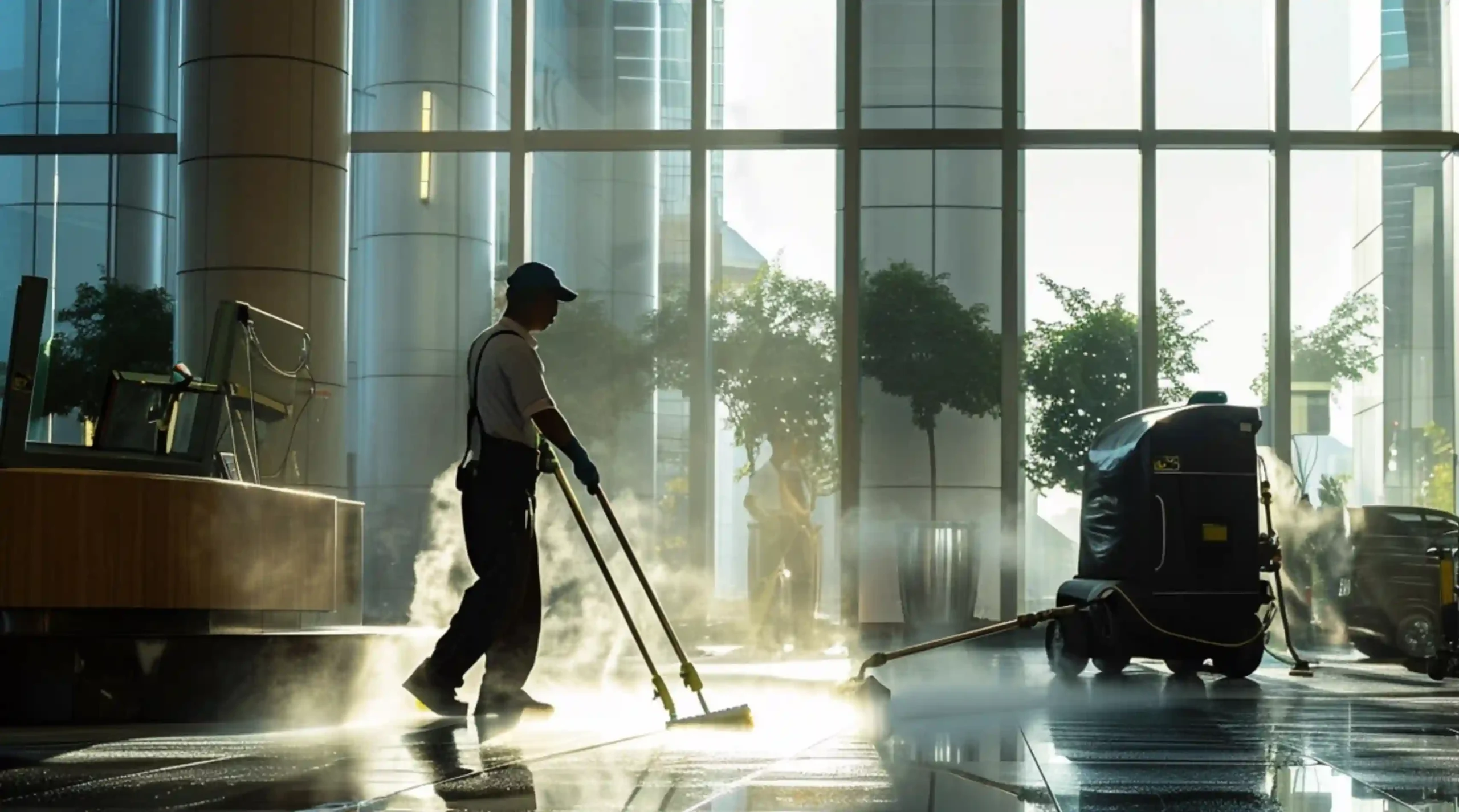 Two cleaning professionals working on a sunlit floor with steam rising, creating a visually striking scene that highlights the precision and effort involved in maintaining cleanliness
