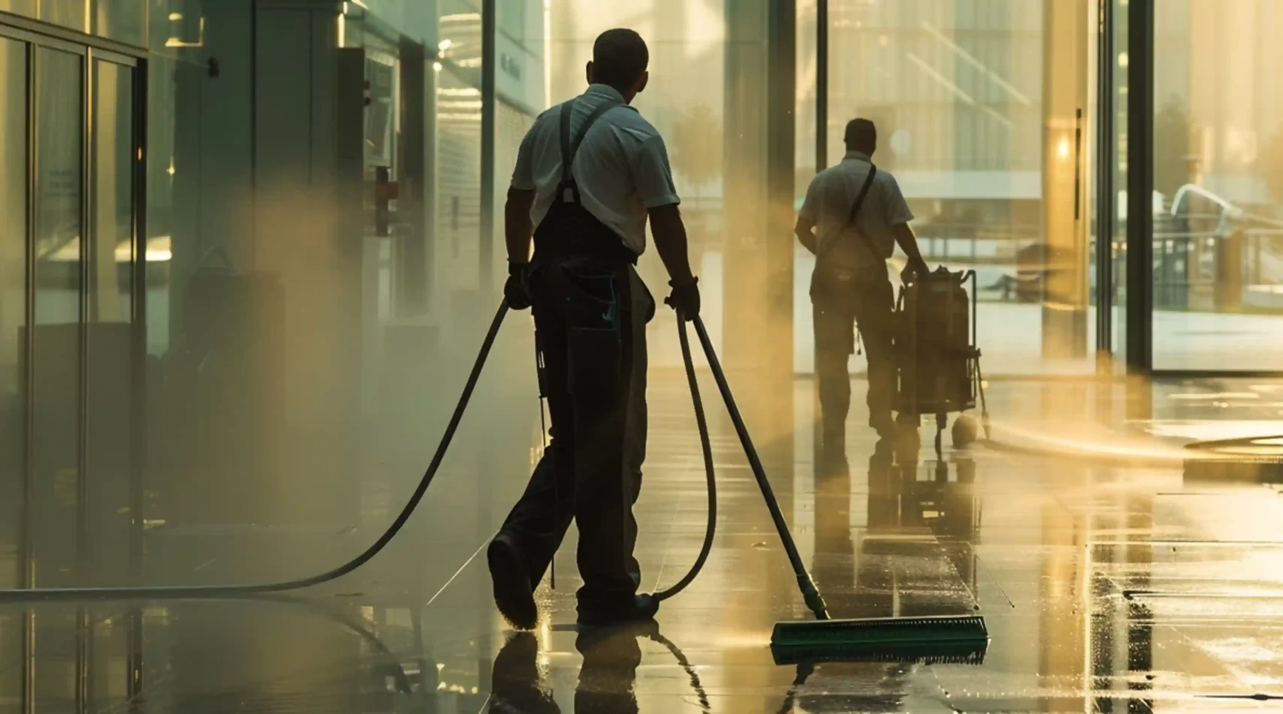 Cleaning staff working on polished floors bathed in warm golden light, creating a serene and professional atmosphere