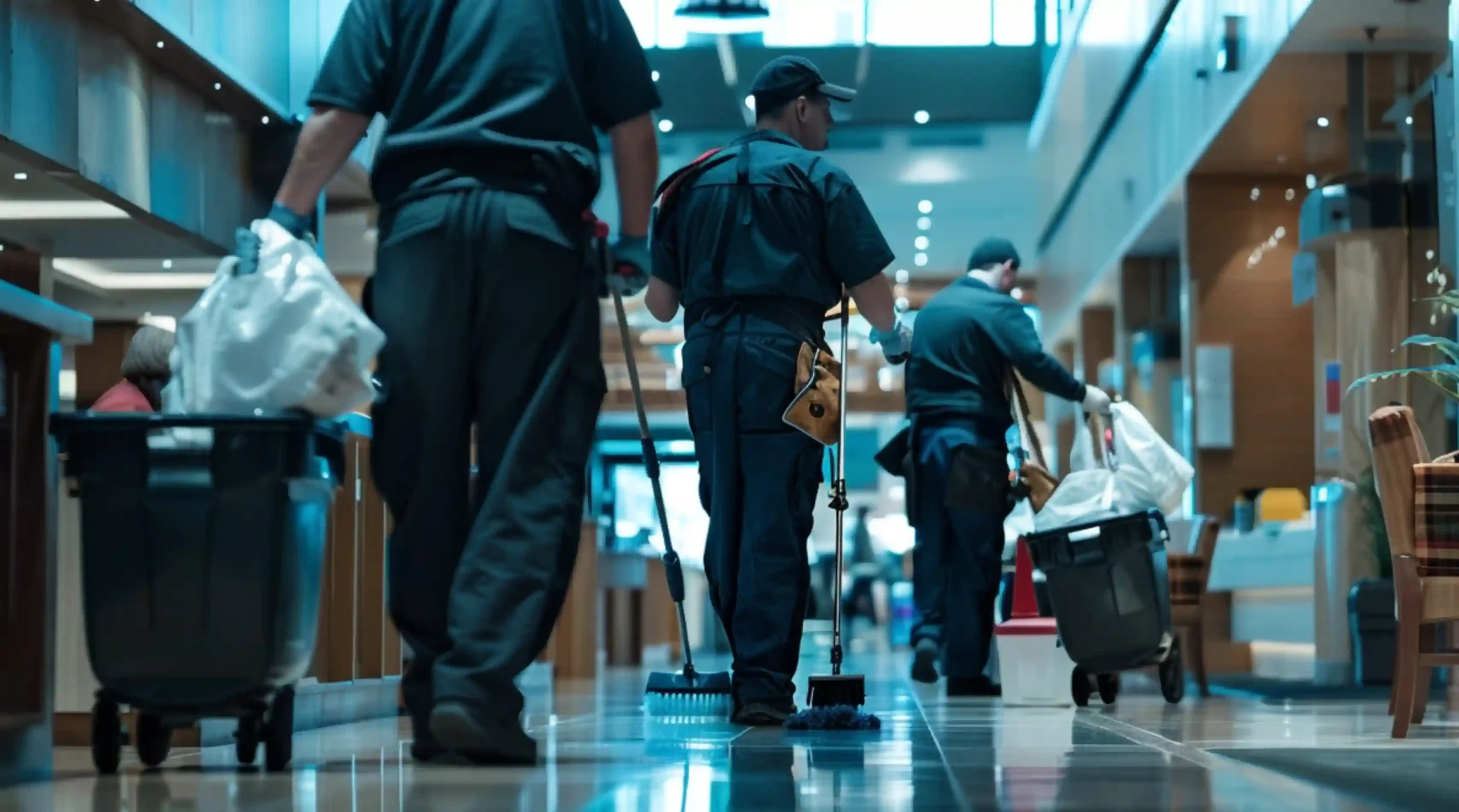 Three cleaning staff in uniform working in a well-lit commercial space, carrying supplies and cleaning equipment to maintain the polished floors