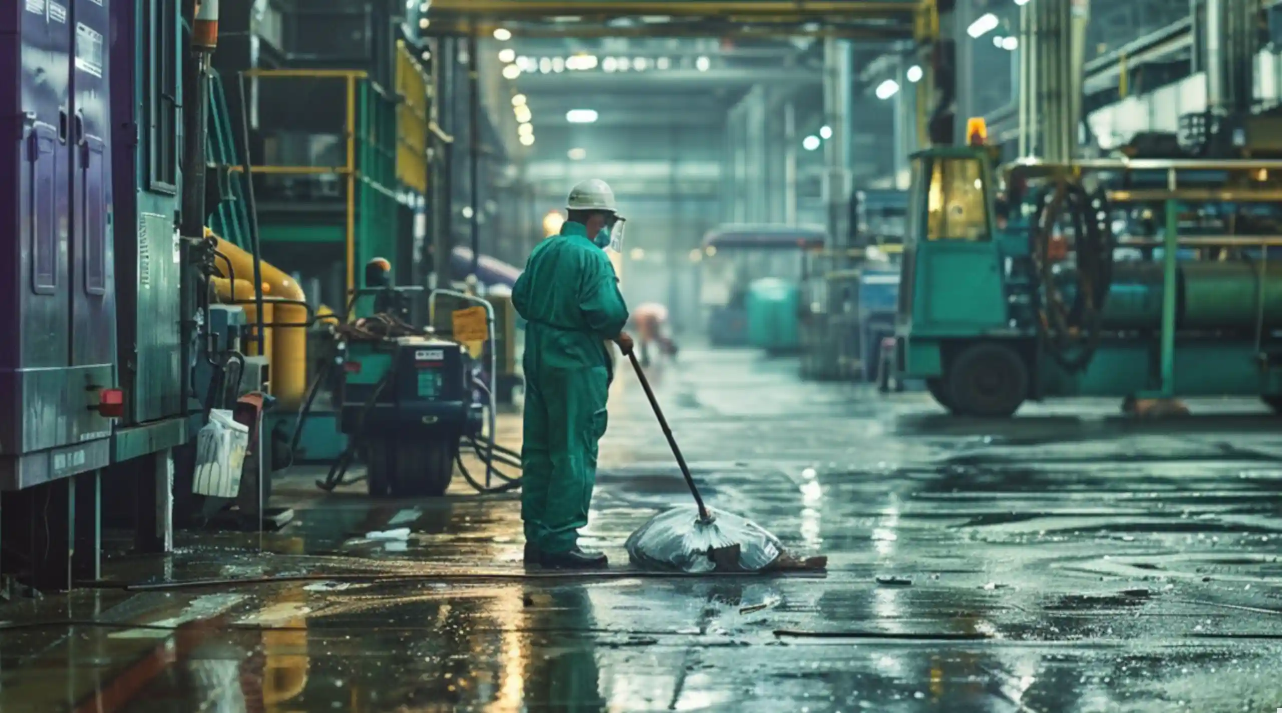 A cleaner in a green uniform and hard hat mopping the wet floor of an industrial facility with machinery and equipment in the background
