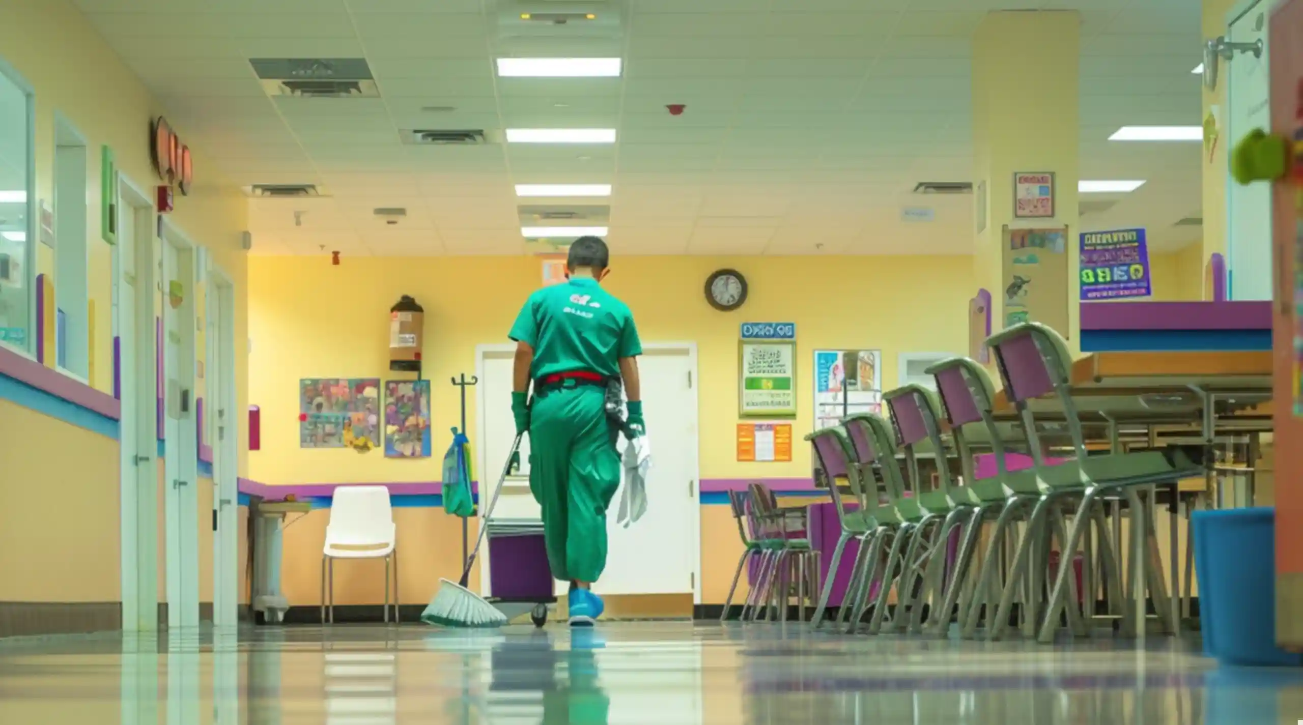 A cleaner in a green uniform mopping the floor of a brightly coloured educational facility with tables, chairs, and vibrant wall decorations