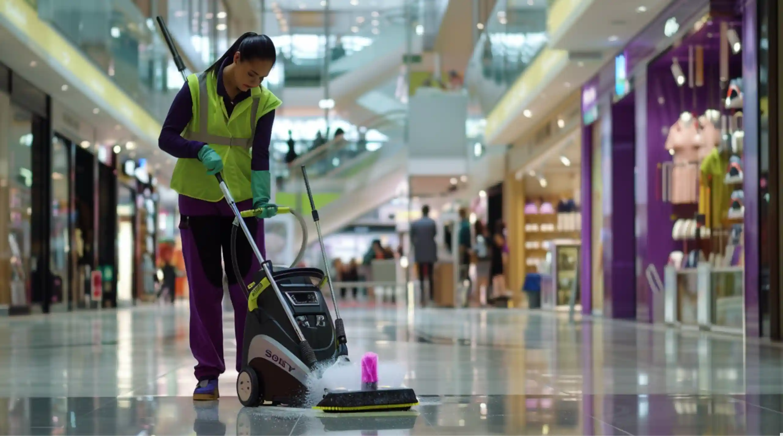 A cleaner in a high-visibility vest operating a floor scrubber in a brightly lit shopping mall with retail stores in the background