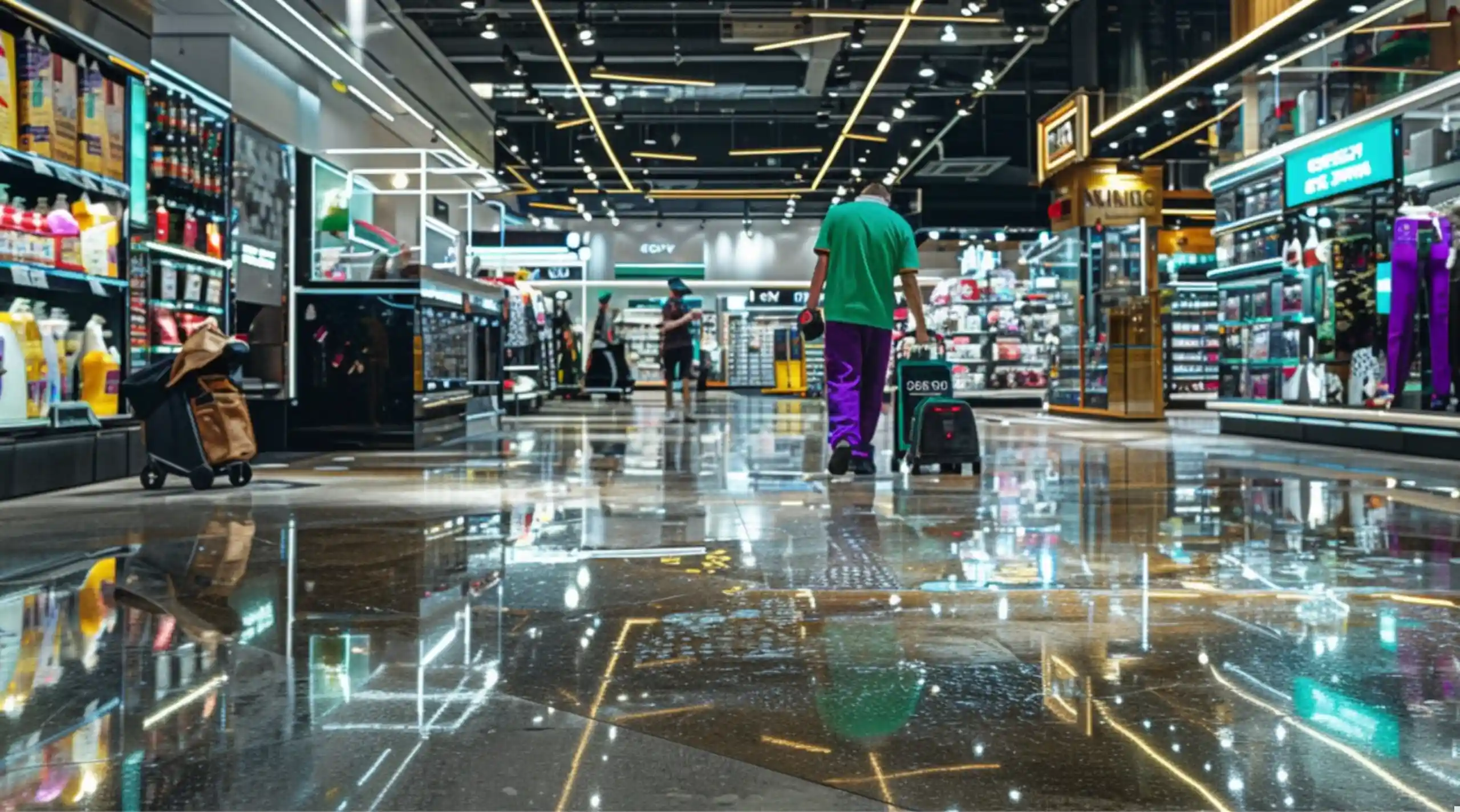 A cleaner in a green shirt and purple trousers maintaining the polished floors of a brightly lit retail store
