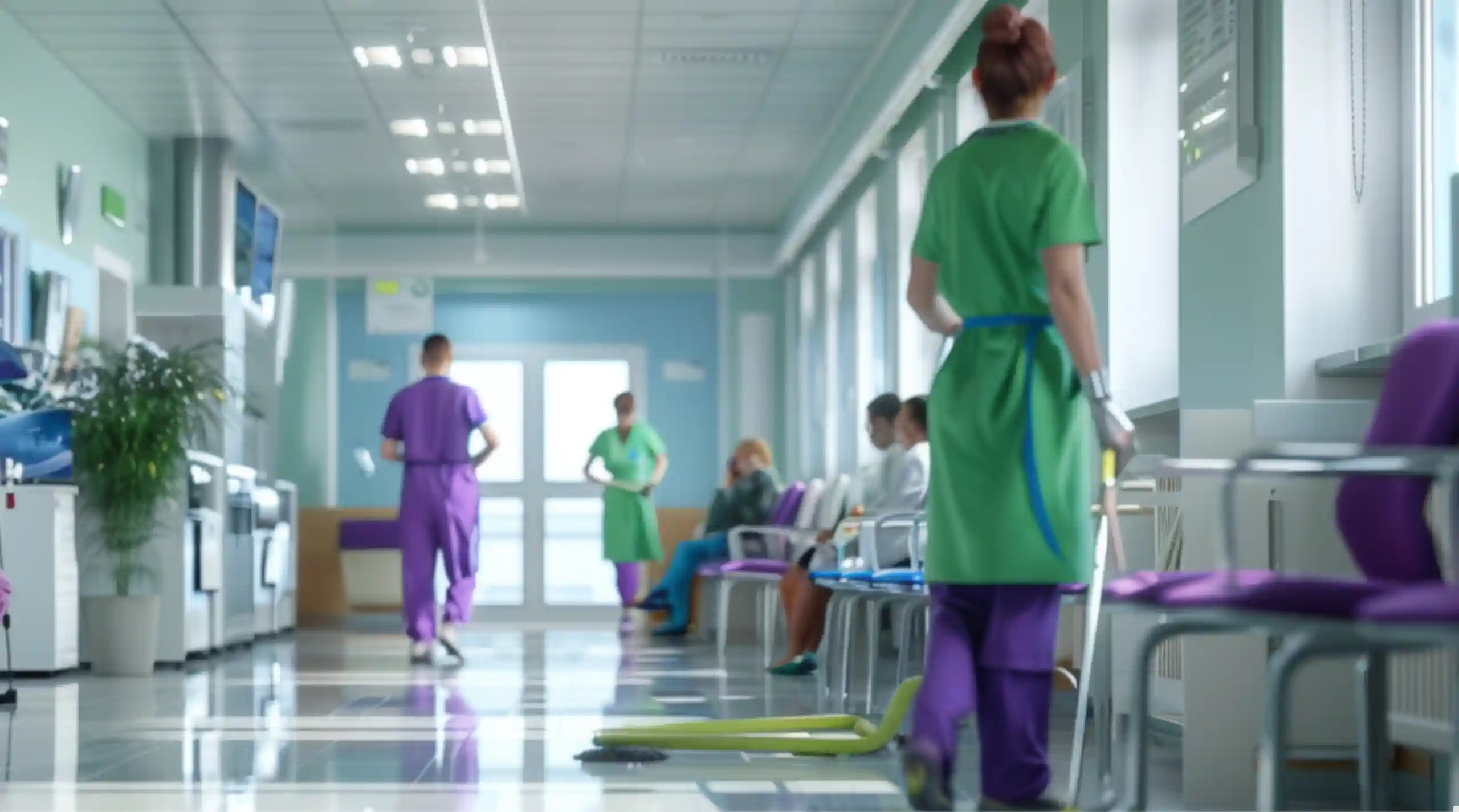 Professional cleaning staff in green and purple uniforms maintaining hygiene in a bright hospital waiting area with seated patients