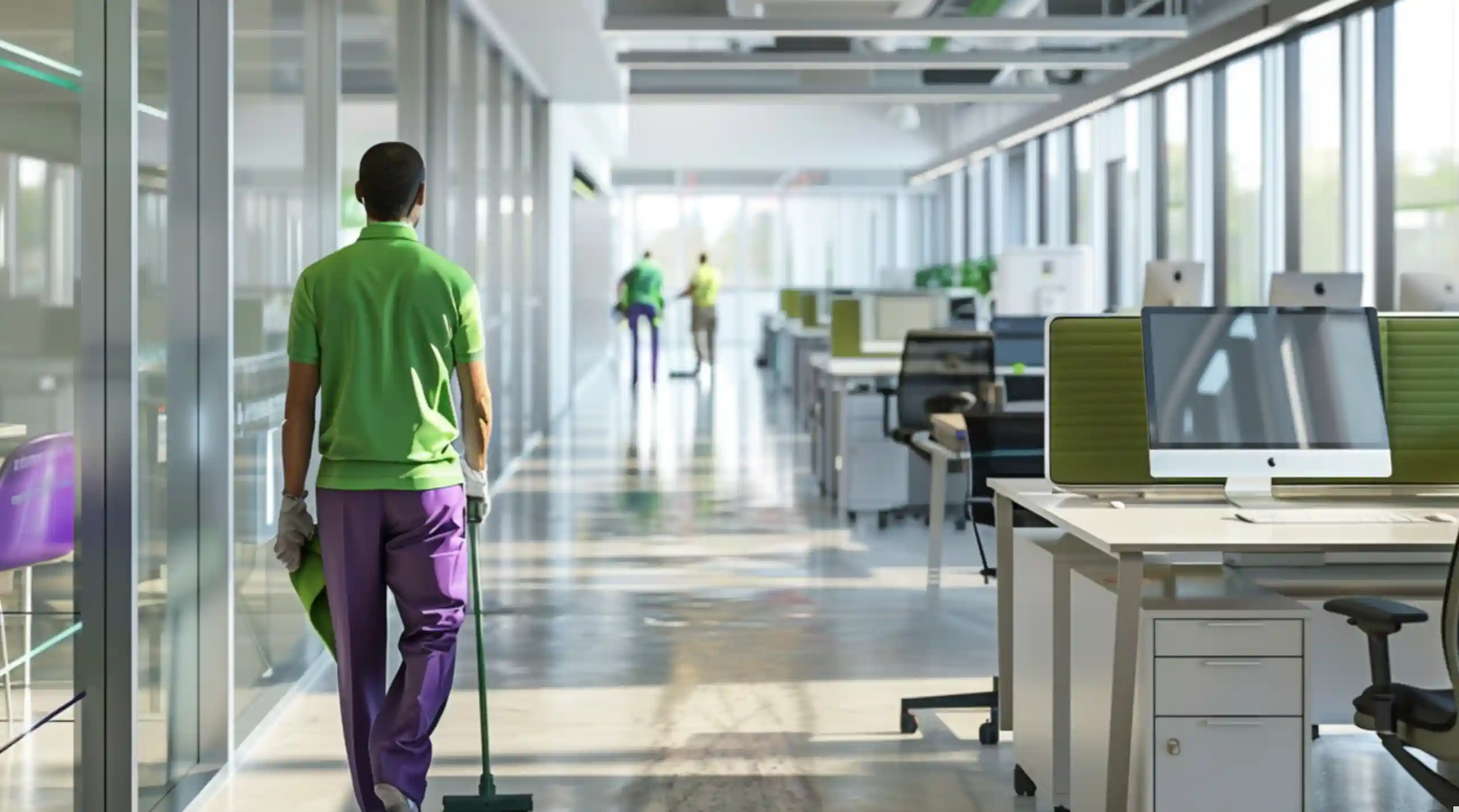 A professional cleaner in a green shirt and purple trousers mopping the floor of a modern, sunlit office with desks and computers.